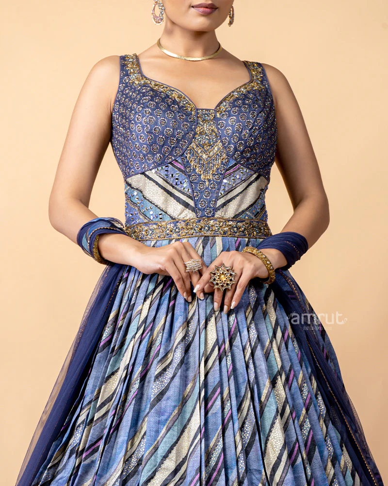 Dark Blue Printed Gown with Net Dupatta - Image 3