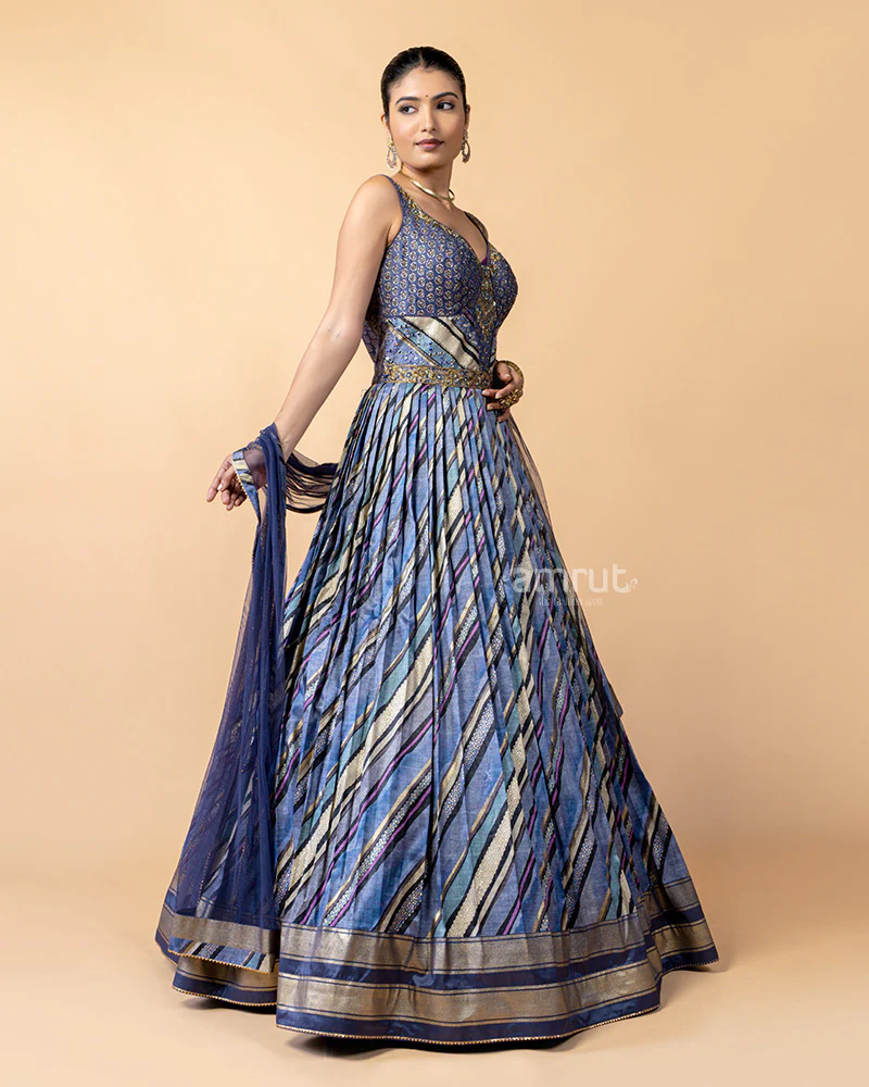 Dark Blue Printed Gown with Net Dupatta - Image 4
