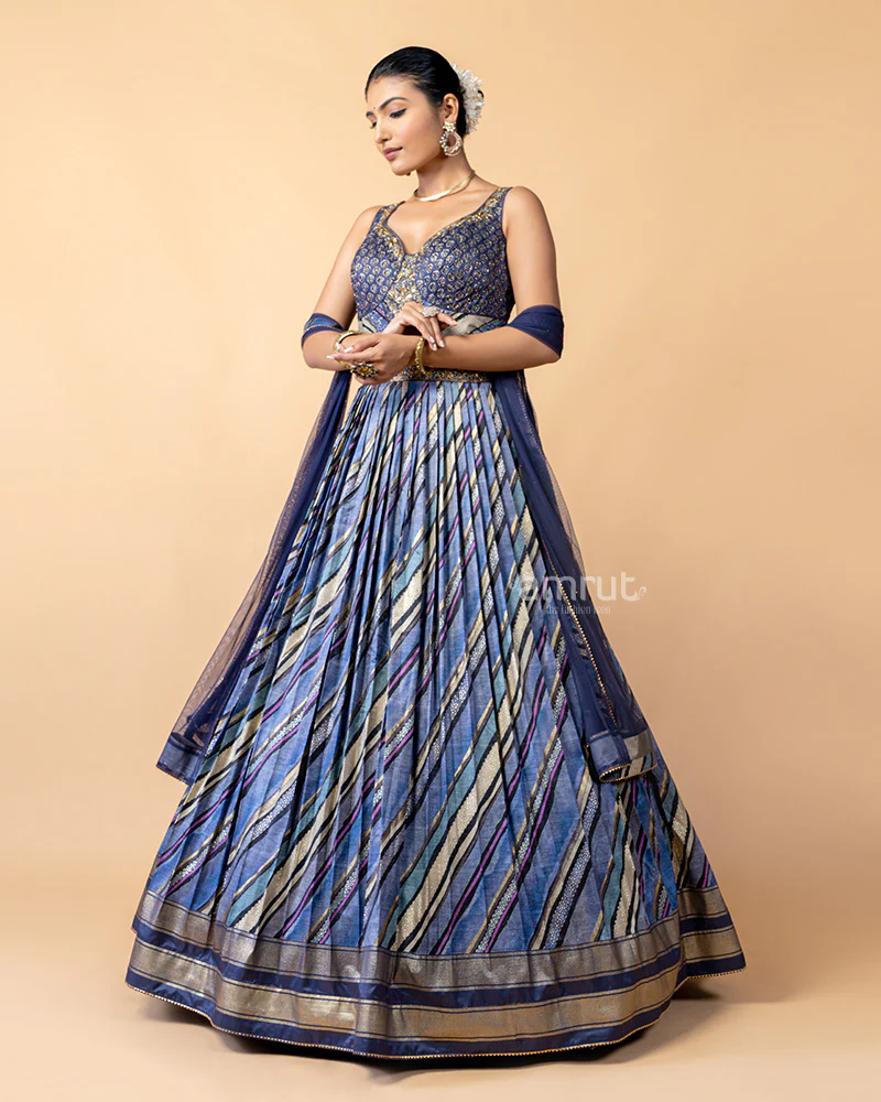 Dark Blue Printed Gown with Net Dupatta - Image 5