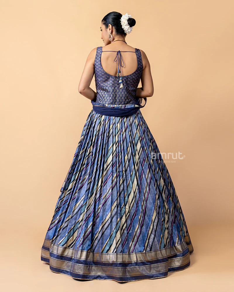 Dark Blue Printed Gown with Net Dupatta - Image 6