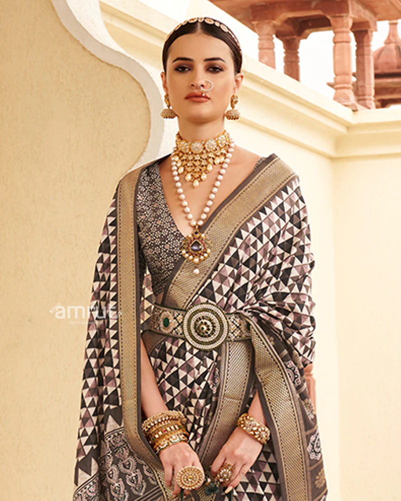 Dark Brown & Cream Geometric Printed Embellished Zari Border Silk Saree with Unstitched Blouse - Image 2