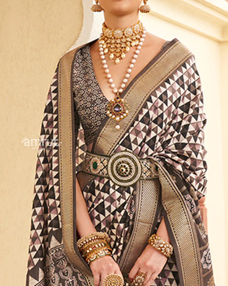 Dark Brown & Cream Geometric Printed Embellished Zari Border Silk Saree with Unstitched Blouse - Image 3
