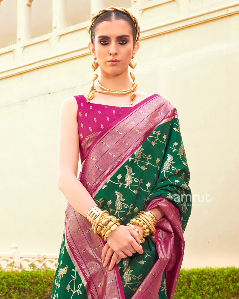 Dark Green and Pink contrast Border Zari weaving Paithani Silk Saree with Unstitched Blouse - Image 2