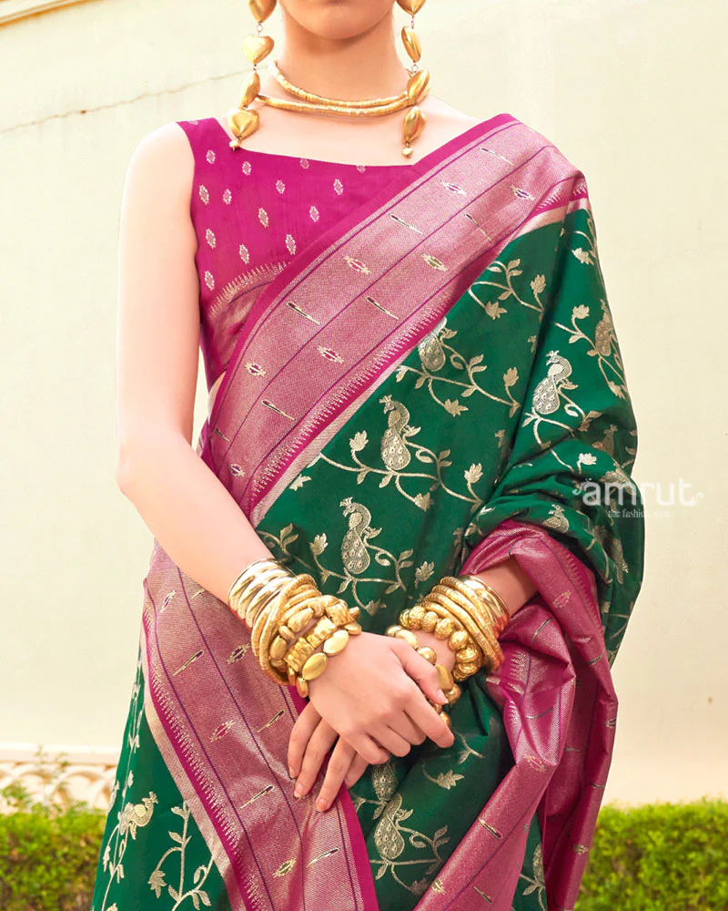 Dark Green and Pink contrast Border Zari weaving Paithani Silk Saree with Unstitched Blouse - Image 3