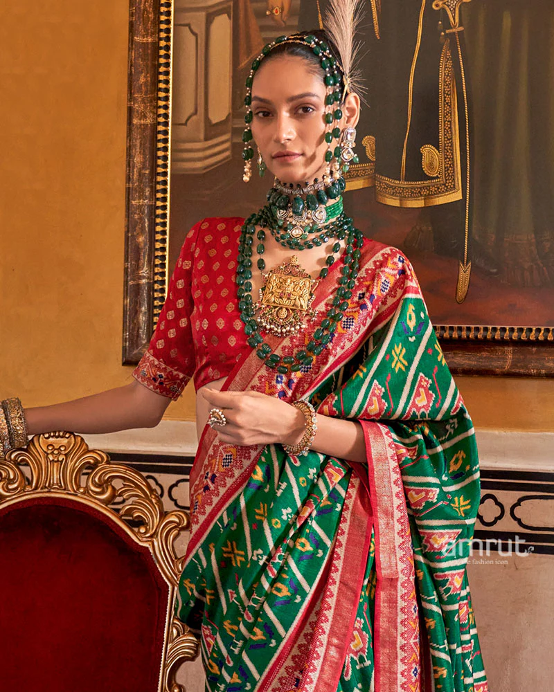 Dark Green Patola Printed Silk Saree with Unstitched Blouse - Image 2