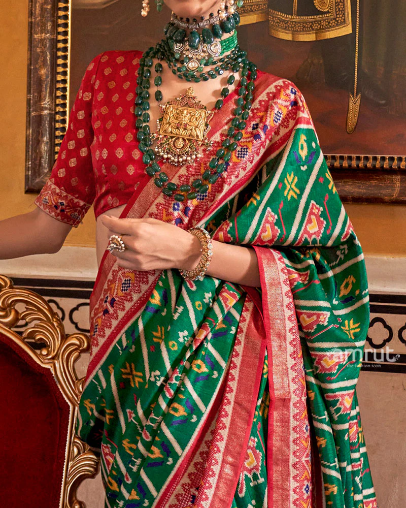 Dark Green Patola Printed Silk Saree with Unstitched Blouse - Image 3