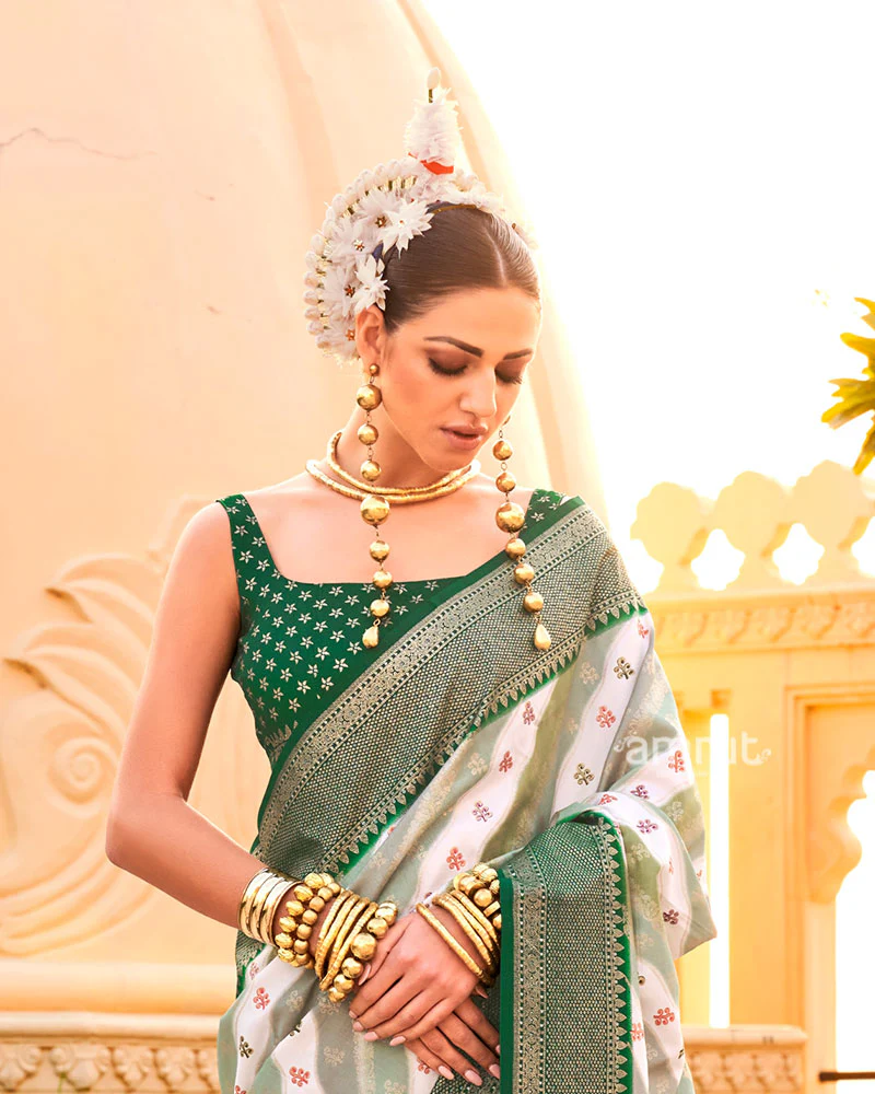 Dark Green Printed Silk Saree with Unstitched Blouse - Image 2