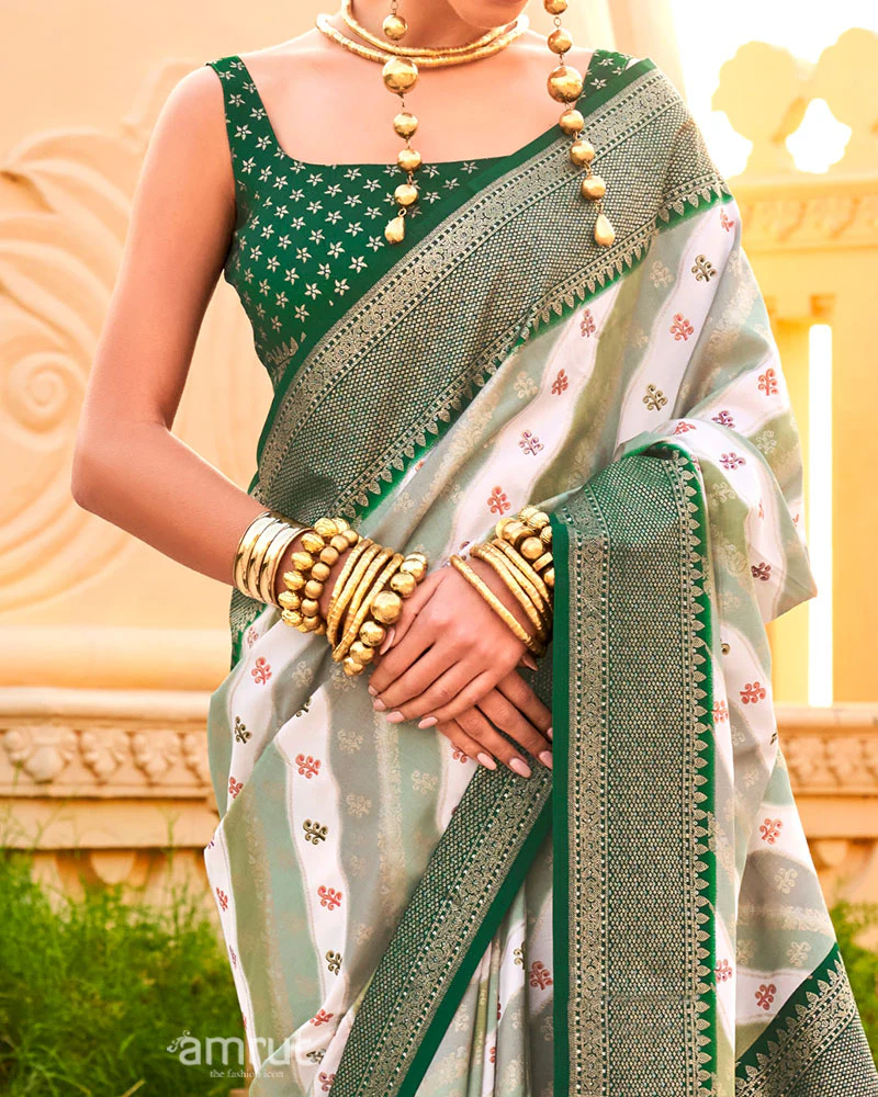 Dark Green Printed Silk Saree with Unstitched Blouse - Image 3
