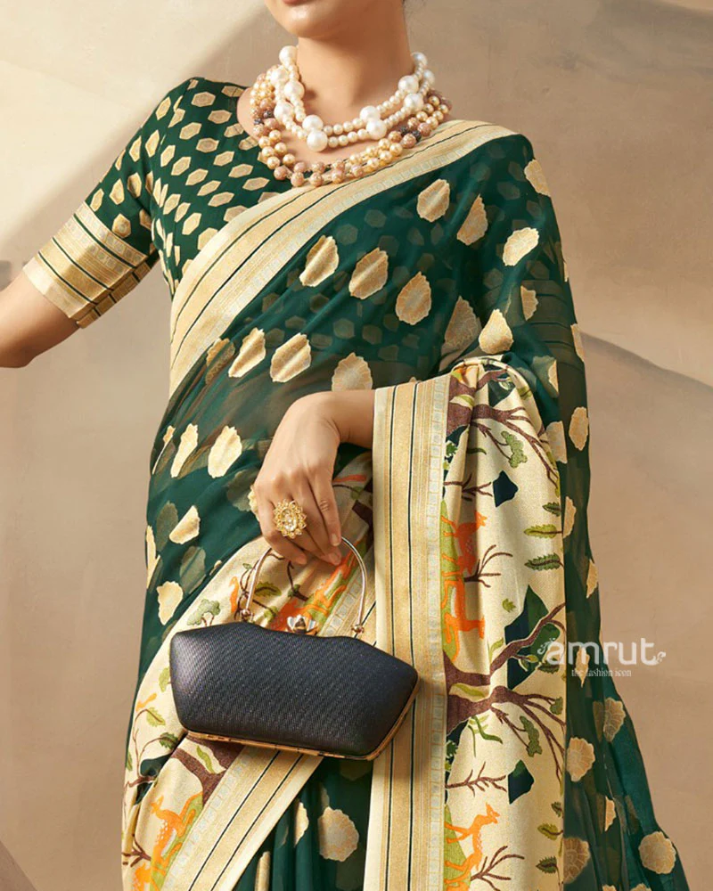 Dark Green with Golden Polka Dots Nature Inspired Print Border Georgette Saree and Unstitched Blouse - Image 3