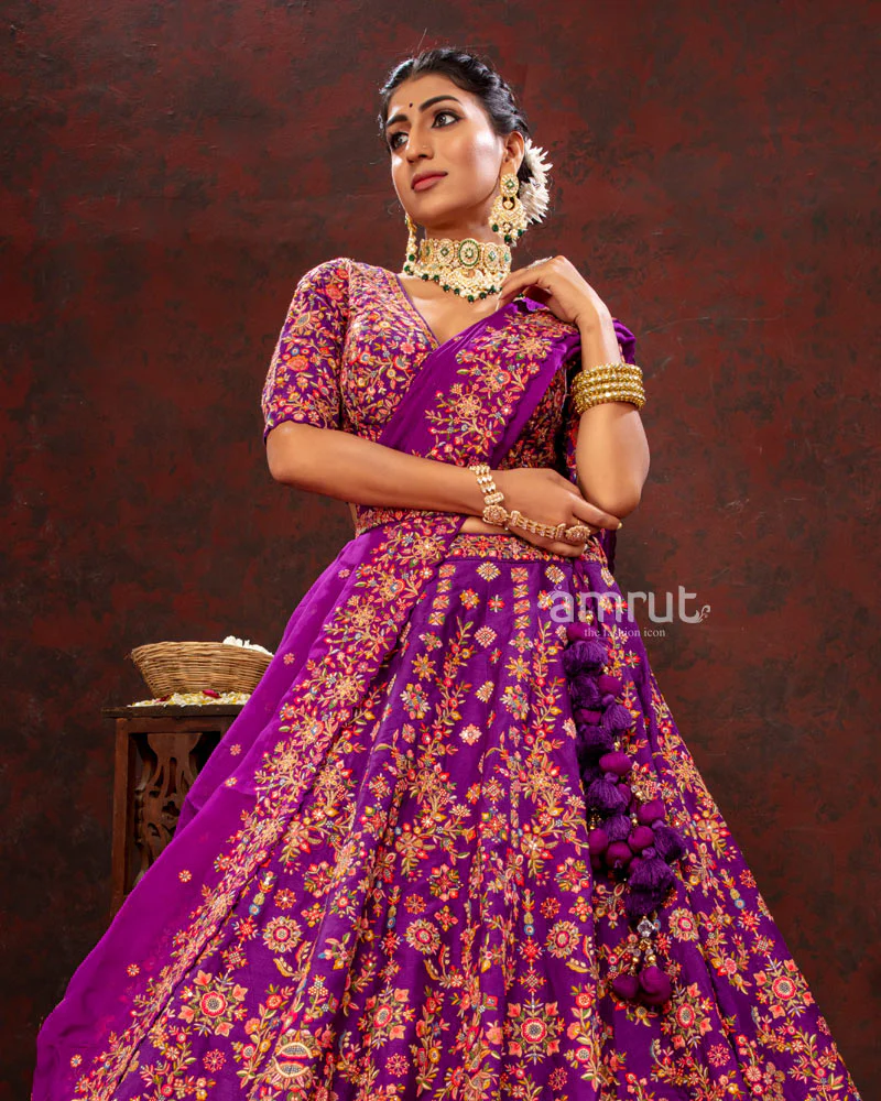 Dark Orchid Floral Embroidered  Lehenga Choli With Dupatta - Image 3