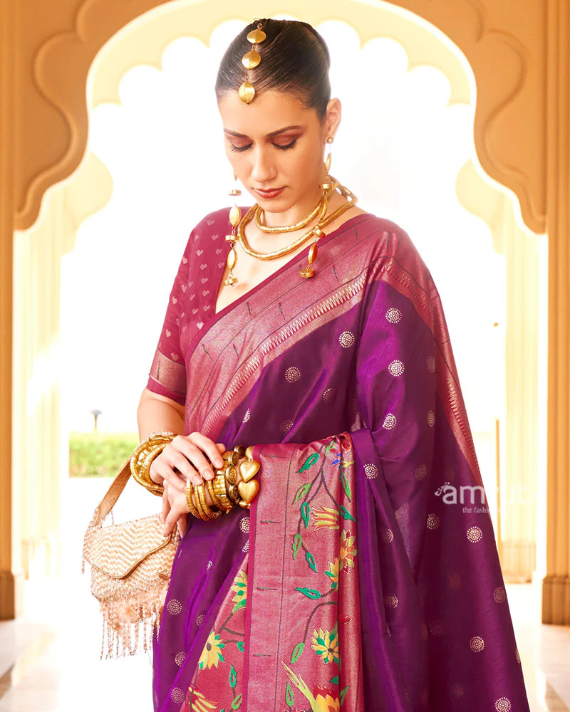 Dark Purple and Red contrast Border Zari weaving Paithani Silk Saree with Unstitched Blouse - Image 2