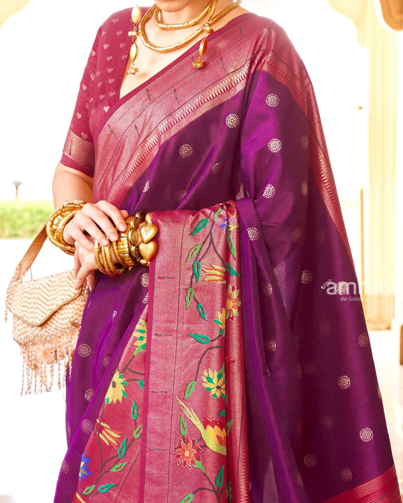 Dark Purple and Red contrast Border Zari weaving Paithani Silk Saree with Unstitched Blouse - Image 3