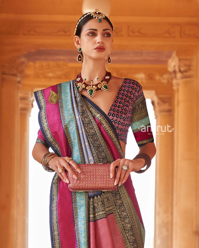 Deep Blue and  Pink Border Printed Patola Silk Saree with Unstitched Blouse - Image 2