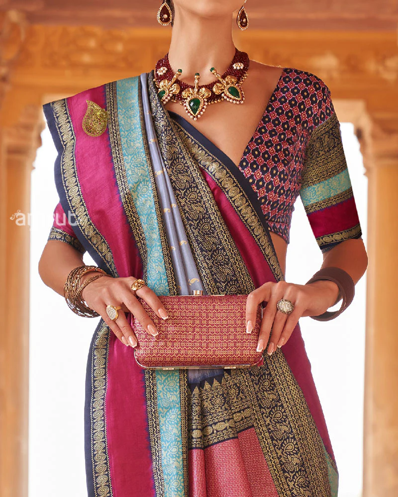 Deep Blue and  Pink Border Printed Patola Silk Saree with Unstitched Blouse - Image 3