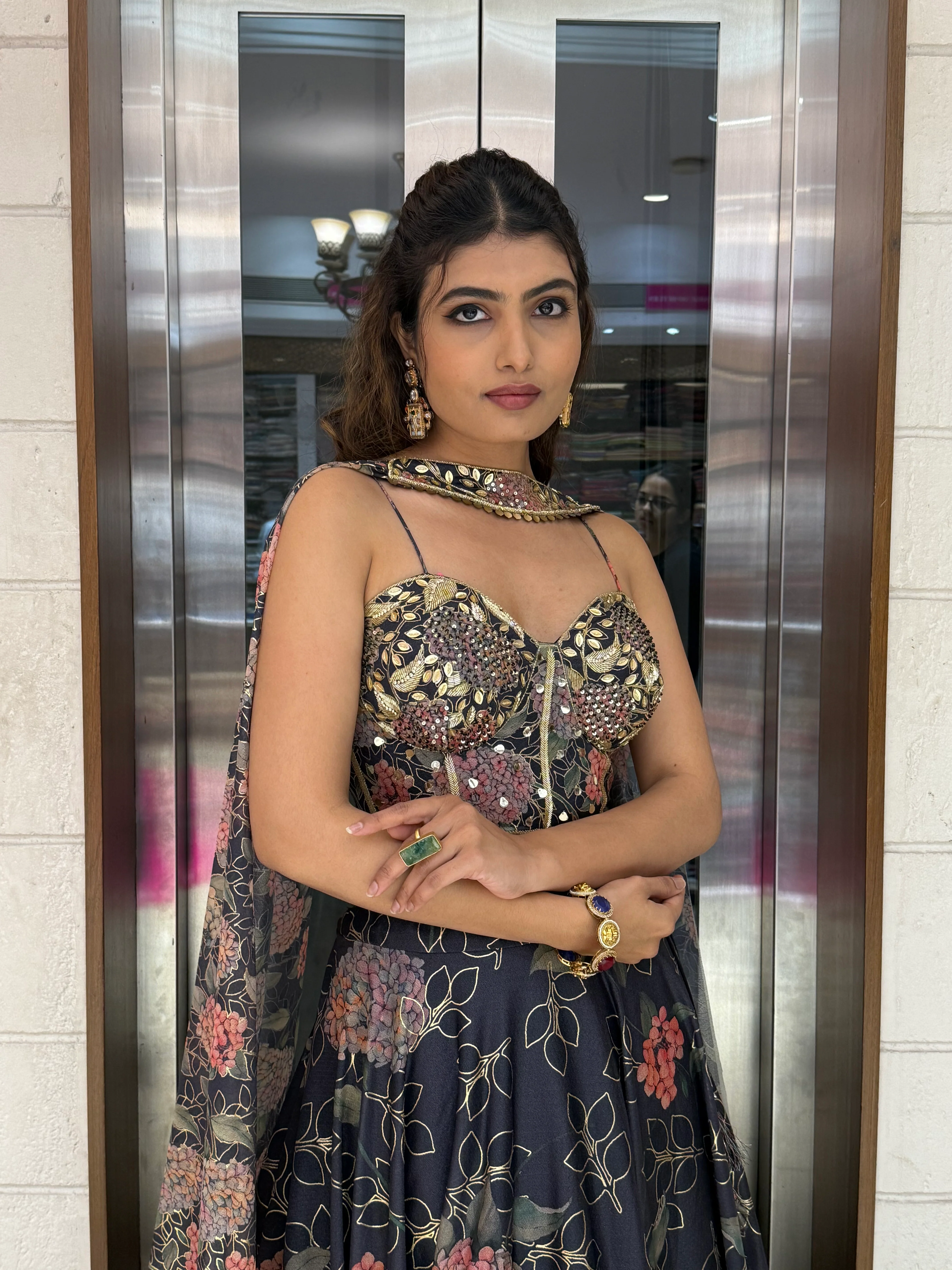 Deep Blue Floral Embellished Lehenga with Designer Bustier Blouse & Cape Dupatta - Image 2