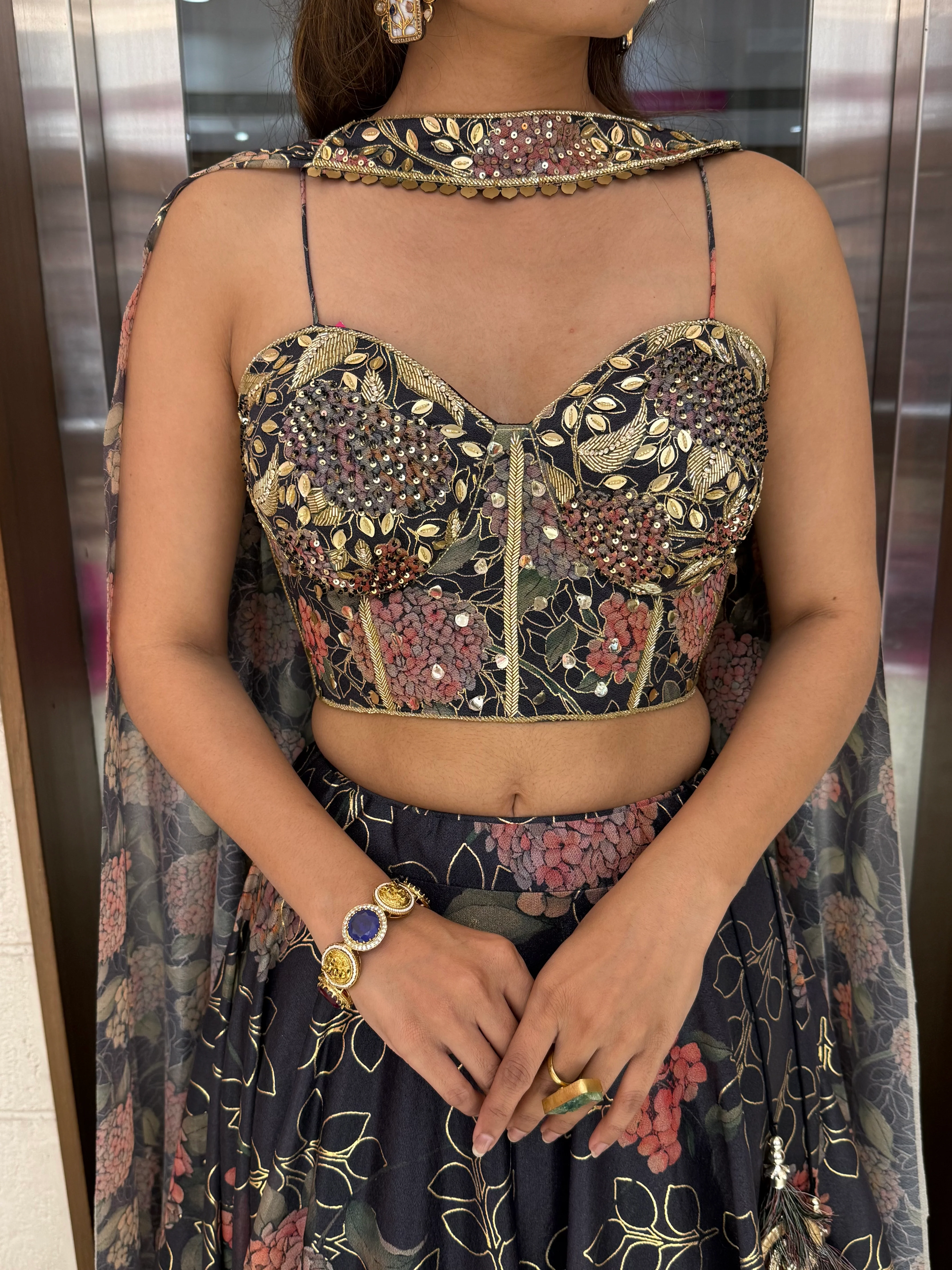 Deep Blue Floral Embellished Lehenga with Designer Bustier Blouse & Cape Dupatta - Image 3
