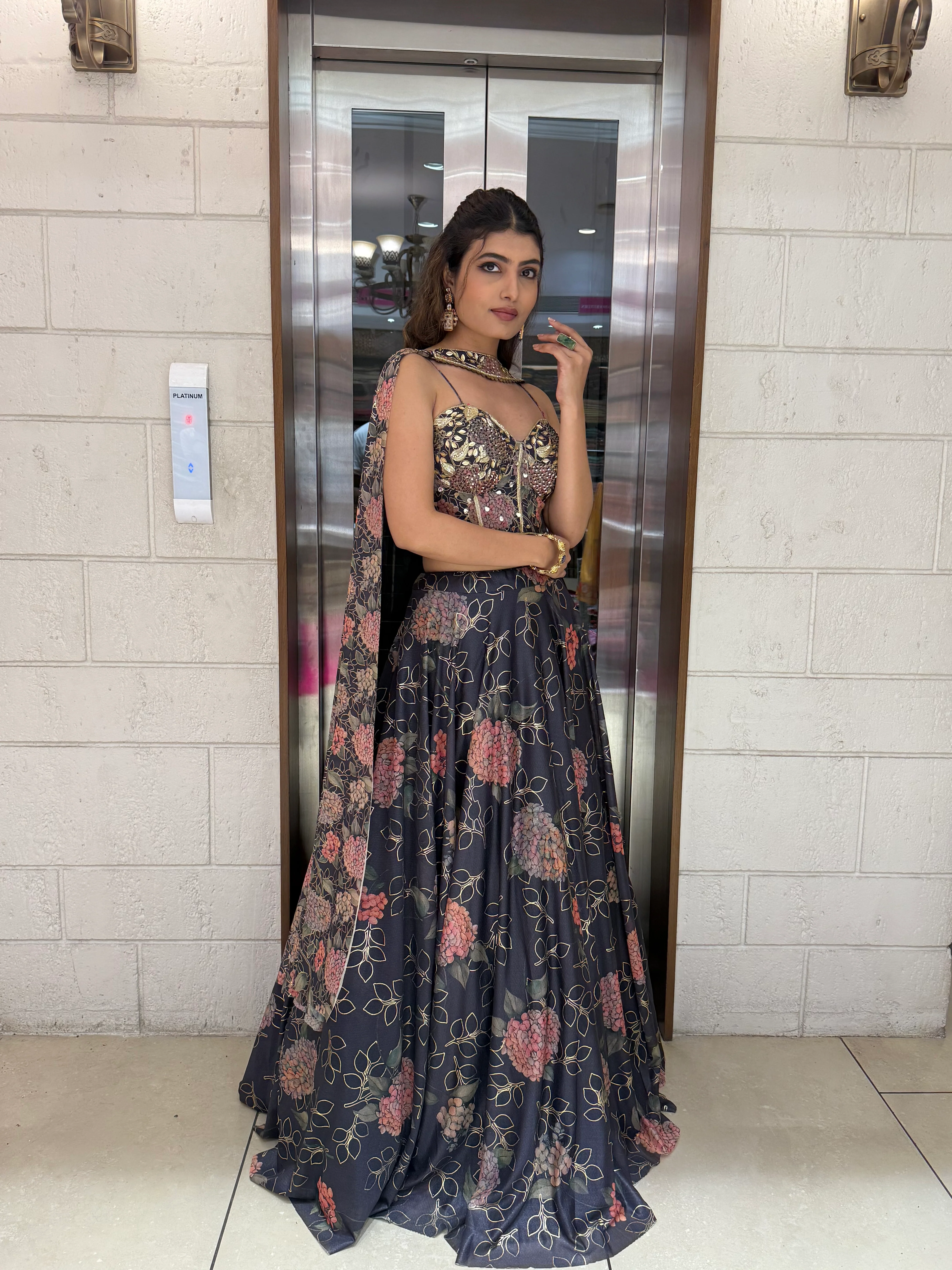 Deep Blue Floral Embellished Lehenga with Designer Bustier Blouse & Cape Dupatta - Image 4