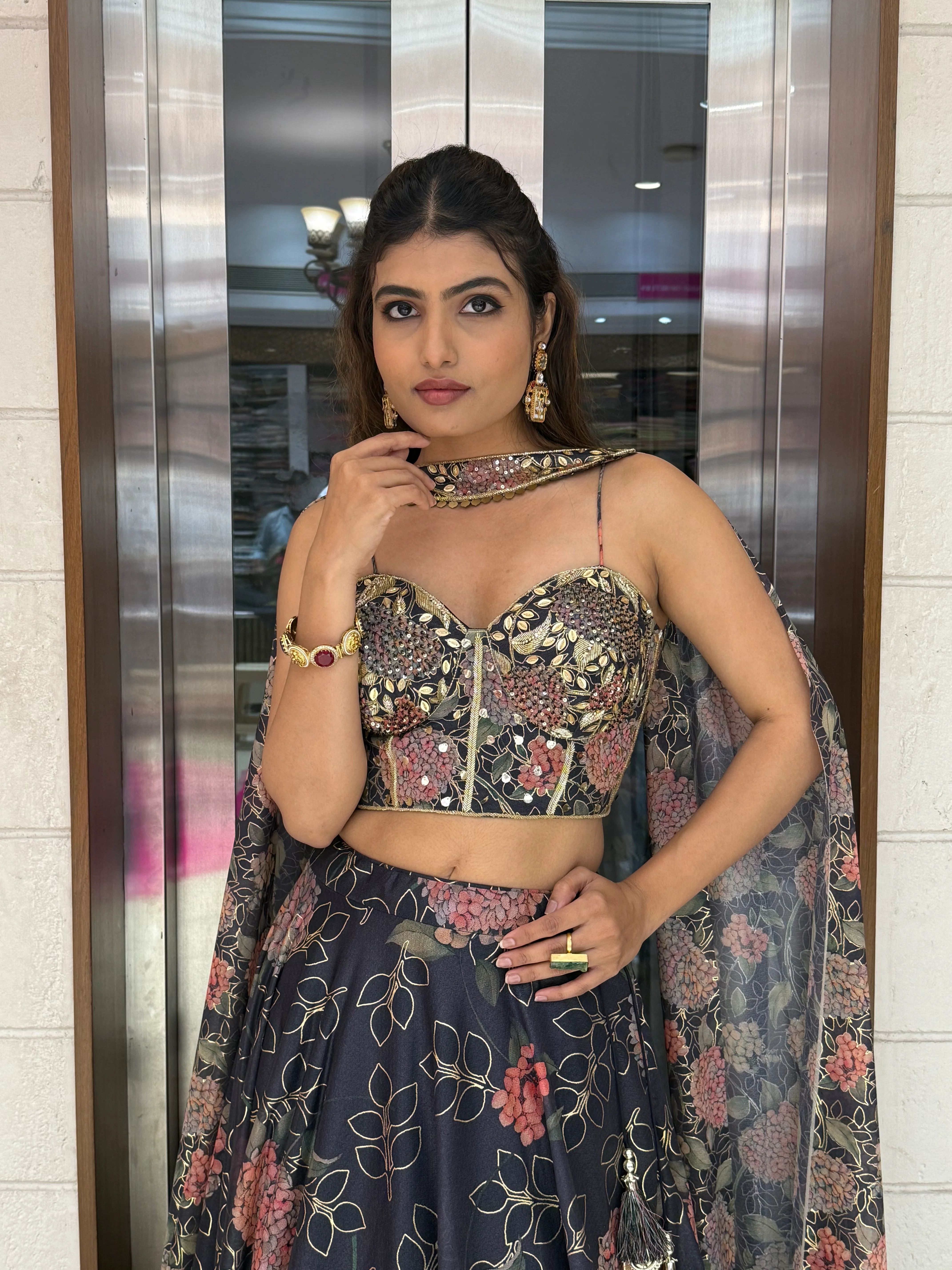 Deep Blue Floral Embellished Lehenga with Designer Bustier Blouse & Cape Dupatta - Image 5