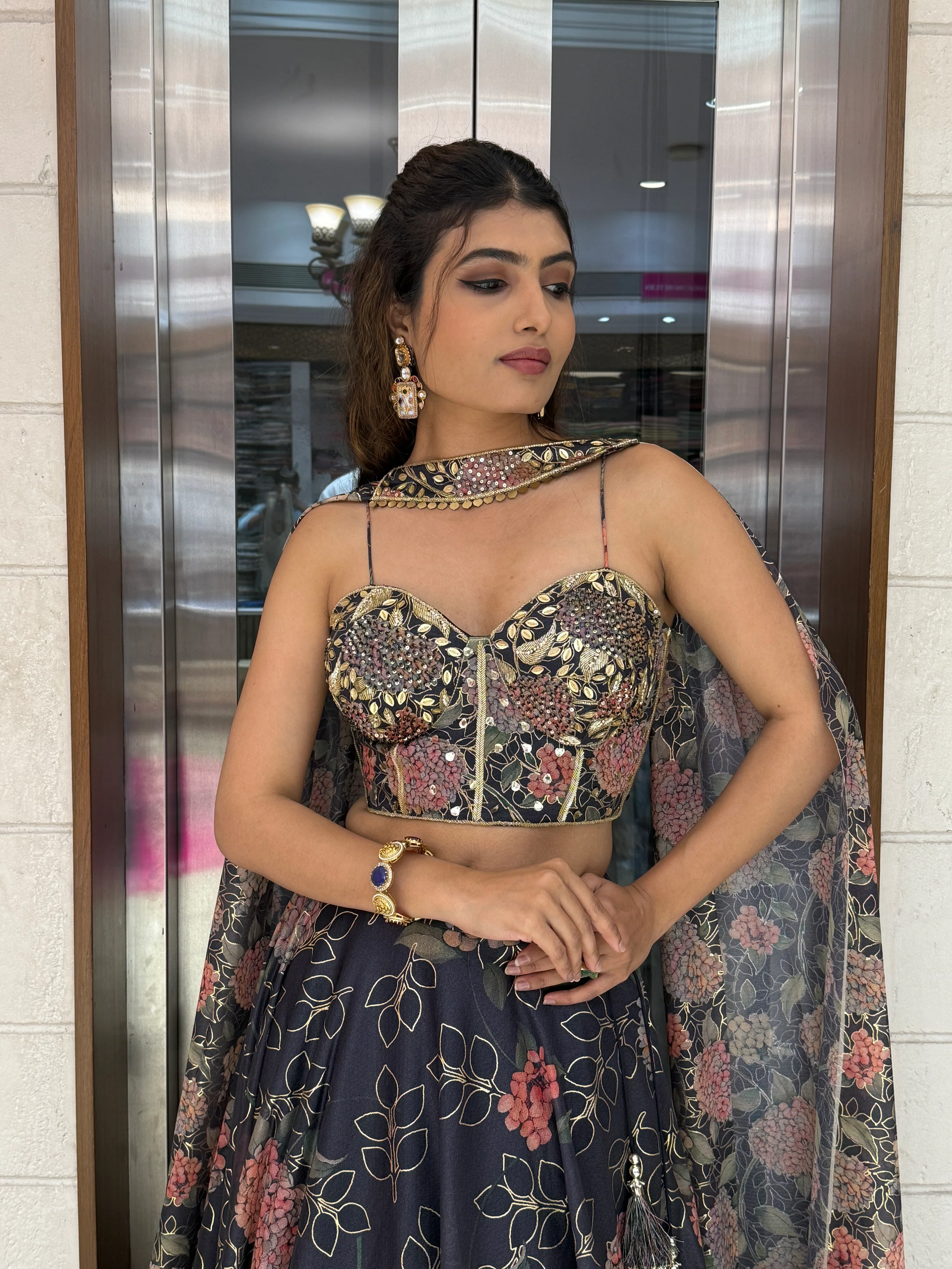 Deep Blue Floral Embellished Lehenga with Designer Bustier Blouse & Cape Dupatta - Image 6