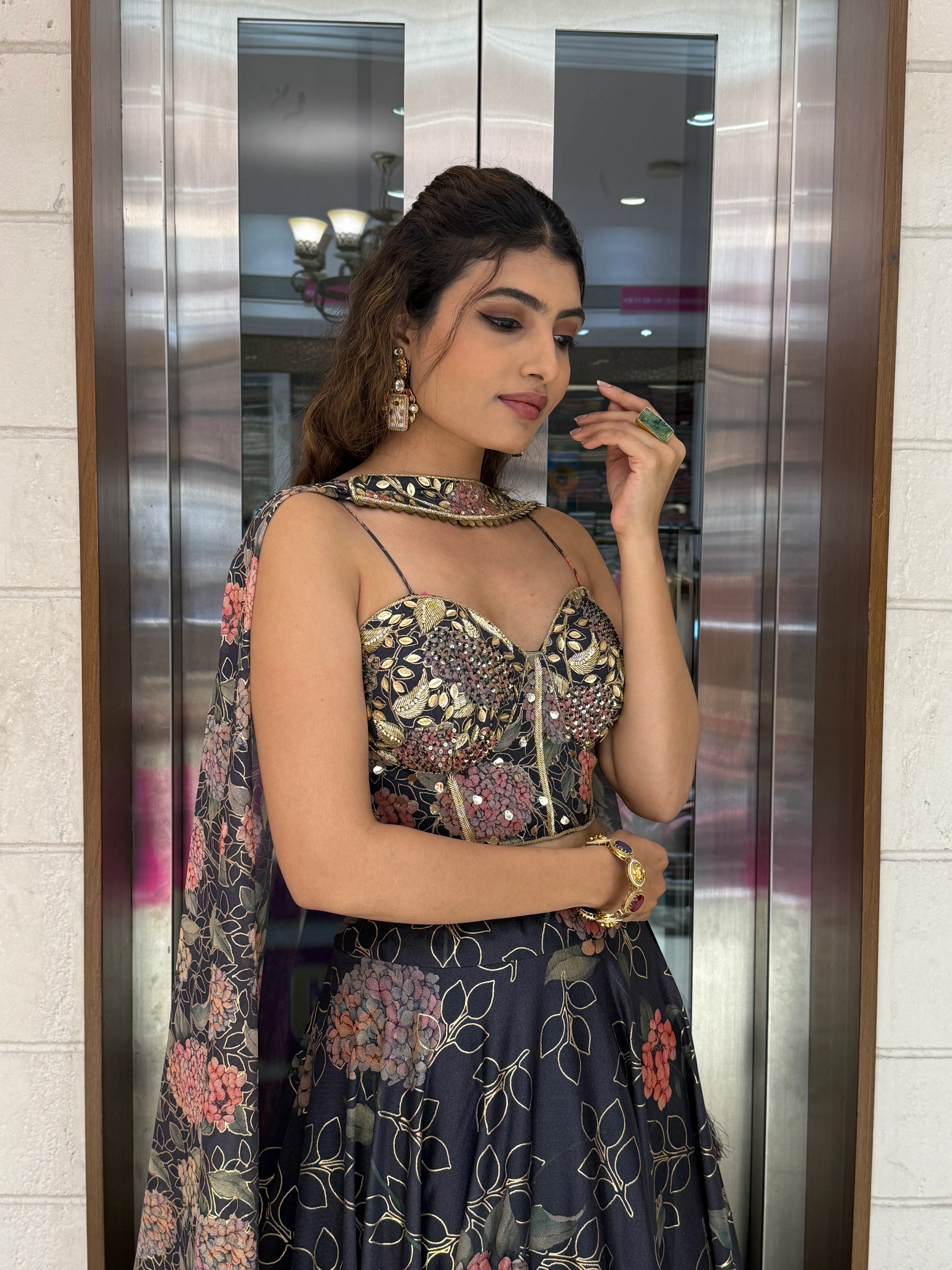 Deep Blue Floral Embellished Lehenga with Designer Bustier Blouse & Cape Dupatta - Image 7