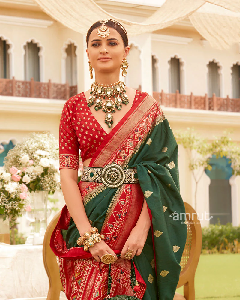 Royal Emerald Green & Rani Red Patola Inspired Silk Blend Saree with Heritage Woven Border - Image 2