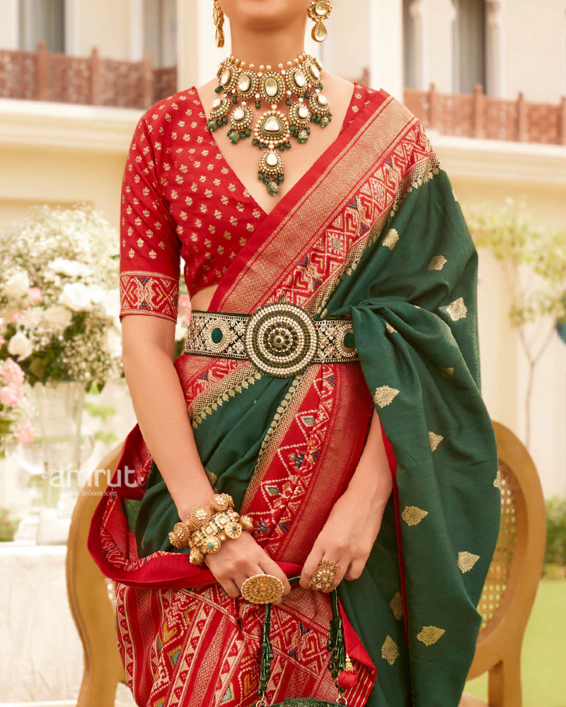 Royal Emerald Green & Rani Red Patola Inspired Silk Blend Saree with Heritage Woven Border - Image 3