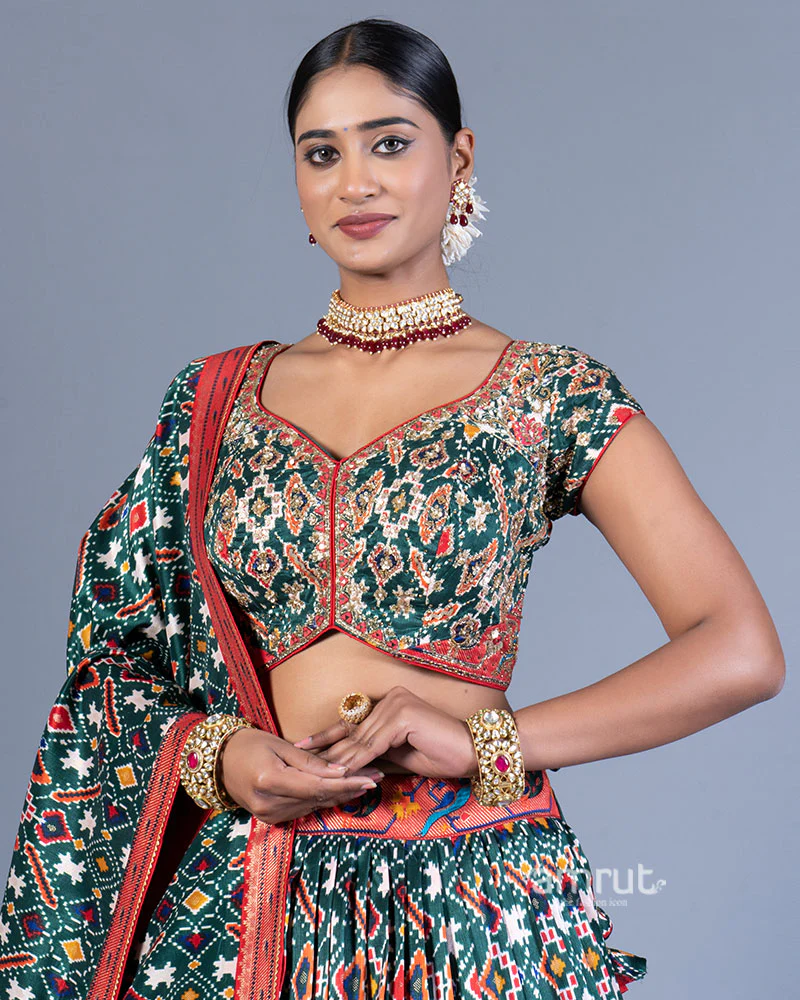 Deep Green Lehenga Choli with Contrast Red Border and Dupatta - Image 2