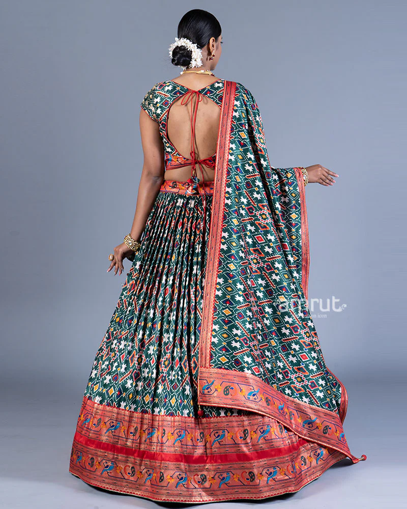 Deep Green Lehenga Choli with Contrast Red Border and Dupatta - Image 3