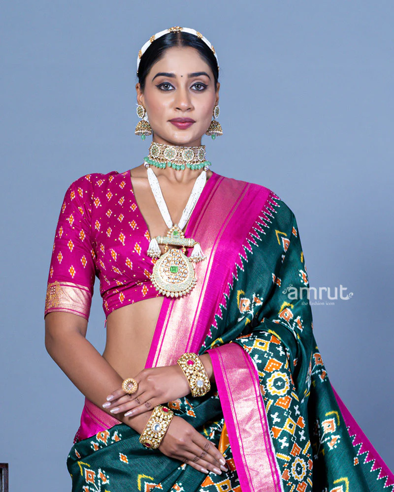 Deep Green Patola Printed Viscose Silk Saree with Pink Border and Unstitched Blouse - Image 2