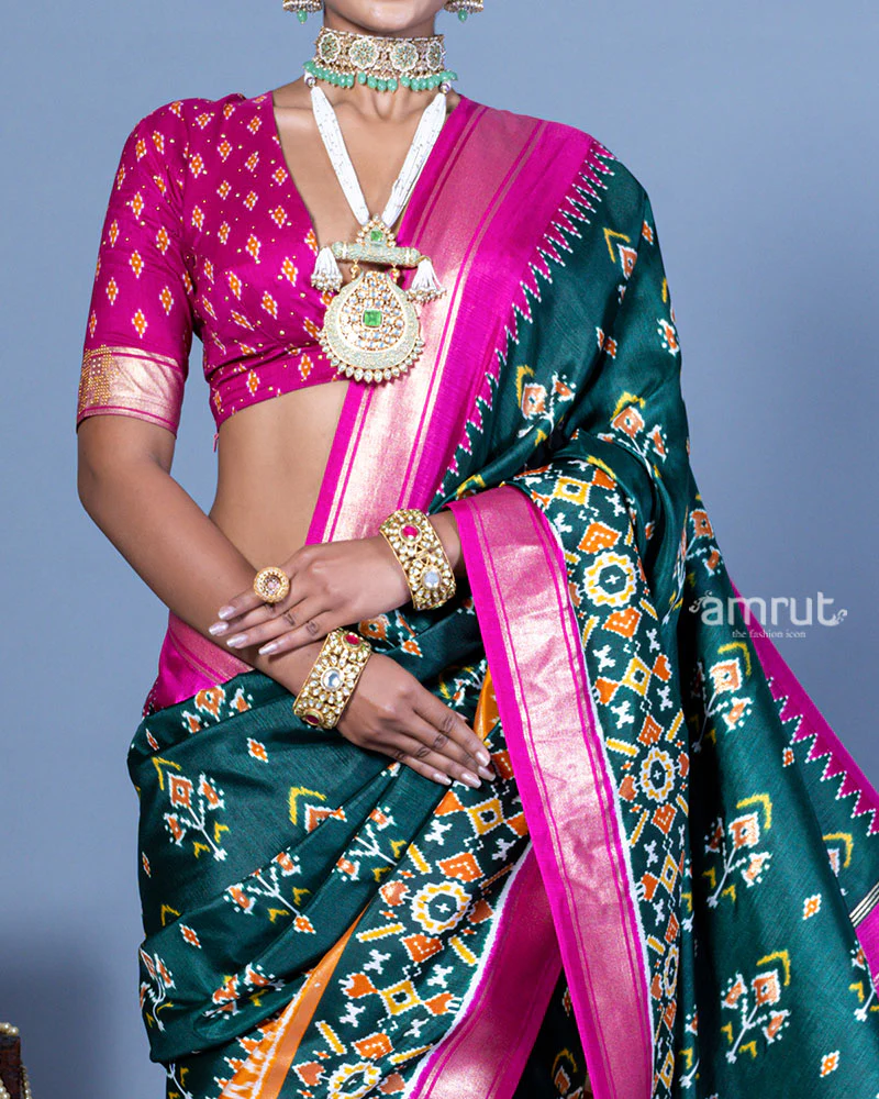 Deep Green Patola Printed Viscose Silk Saree with Pink Border and Unstitched Blouse - Image 3
