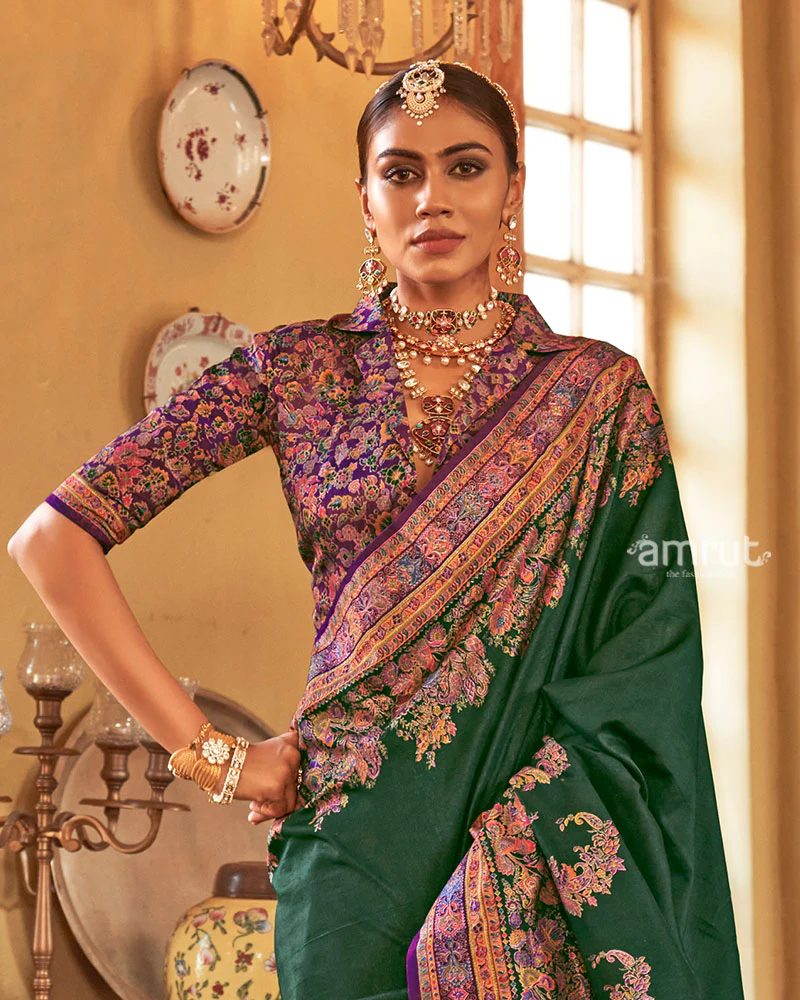 Deep Green Saree with Multicolored Paisley Print and Unstitched Blouse - Image 2