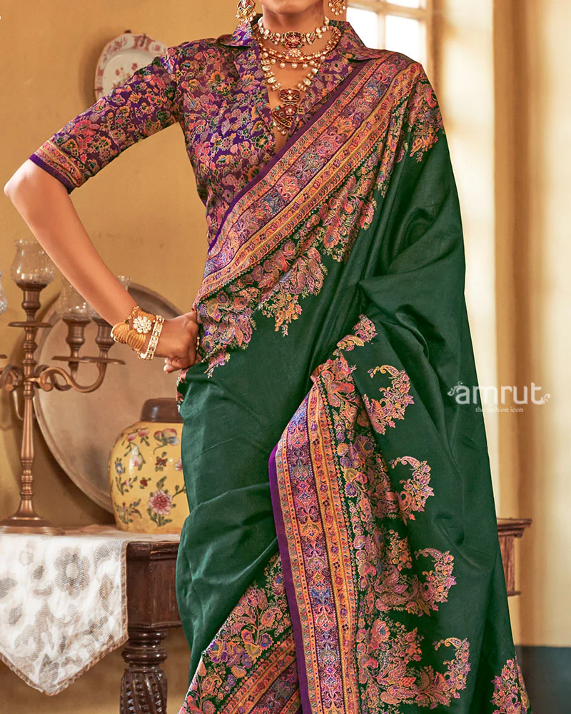 Deep Green Saree with Multicolored Paisley Print and Unstitched Blouse - Image 3