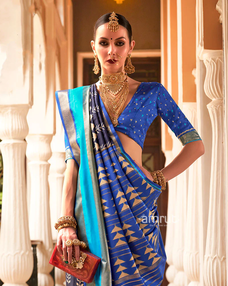 Deep Navy Blue Zari Embellished Borders Silk Saree with Unstitched Blouse - Image 2