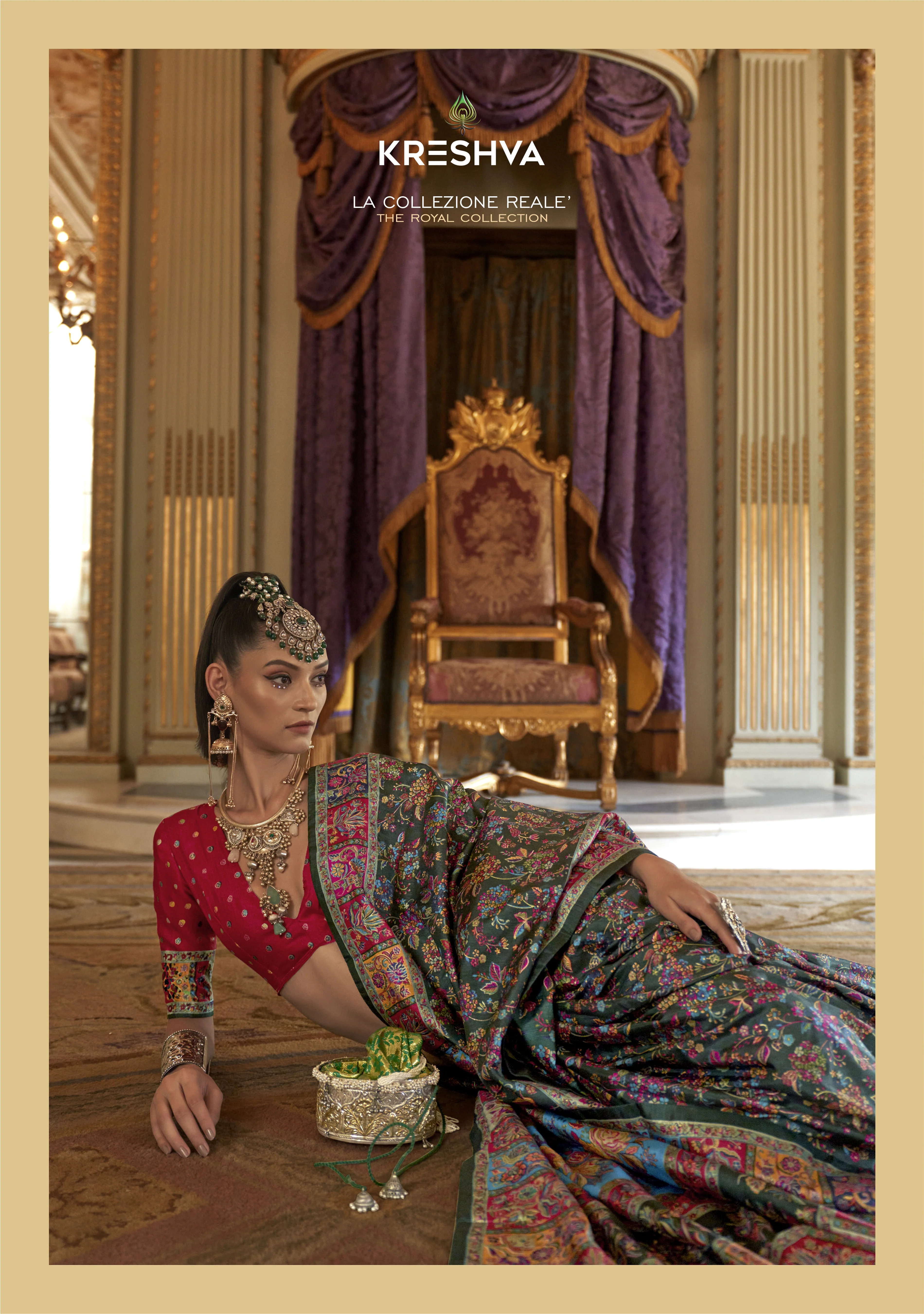 Deep Olive Green Pashmina Inspired Heritage Print Saree with Red Blouse - Image 2