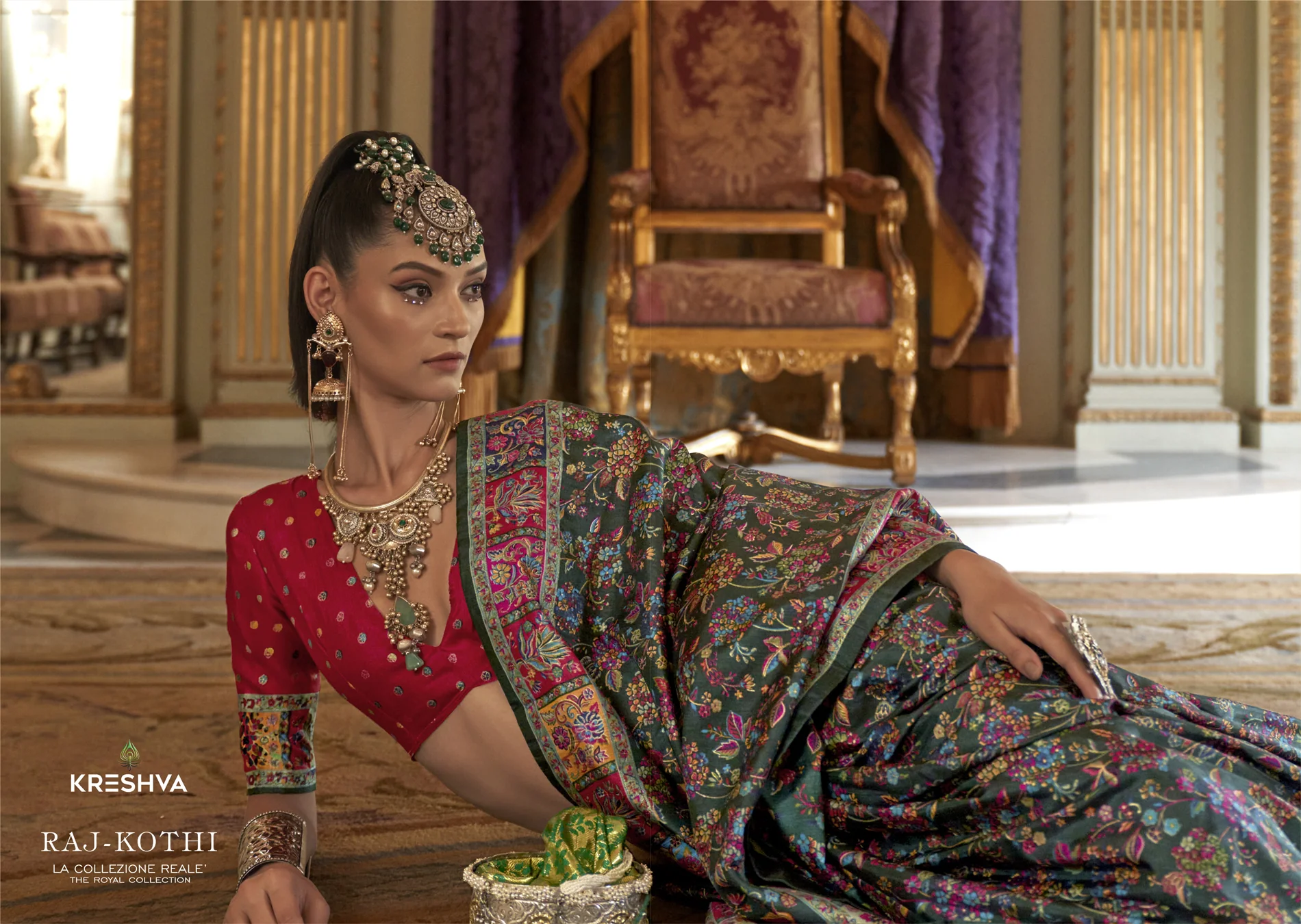 Deep Olive Green Pashmina Inspired Heritage Print Saree with Red Blouse - Image 3