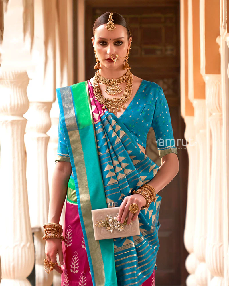 Deep Pink Zari Embellished Borders Silk Saree with Unstitched Blouse - Image 2