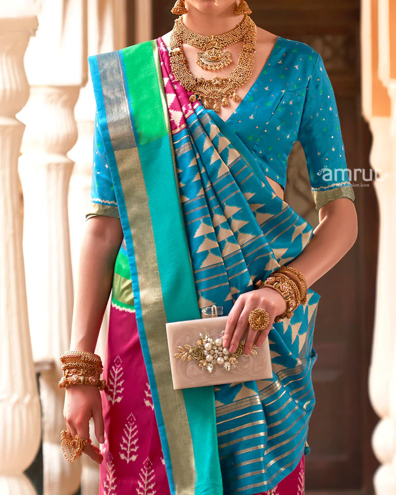 Deep Pink Zari Embellished Borders Silk Saree with Unstitched Blouse - Image 3