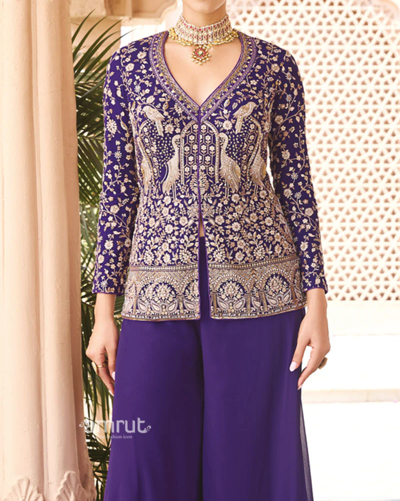 Deep Purple Embellished Georgette Palazzo Suit - Image 3