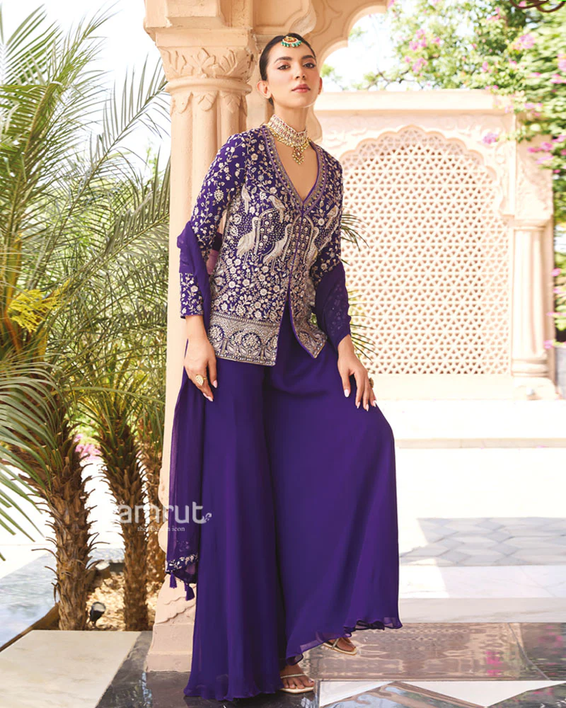 Deep Purple Embellished Georgette Palazzo Suit - Image 4