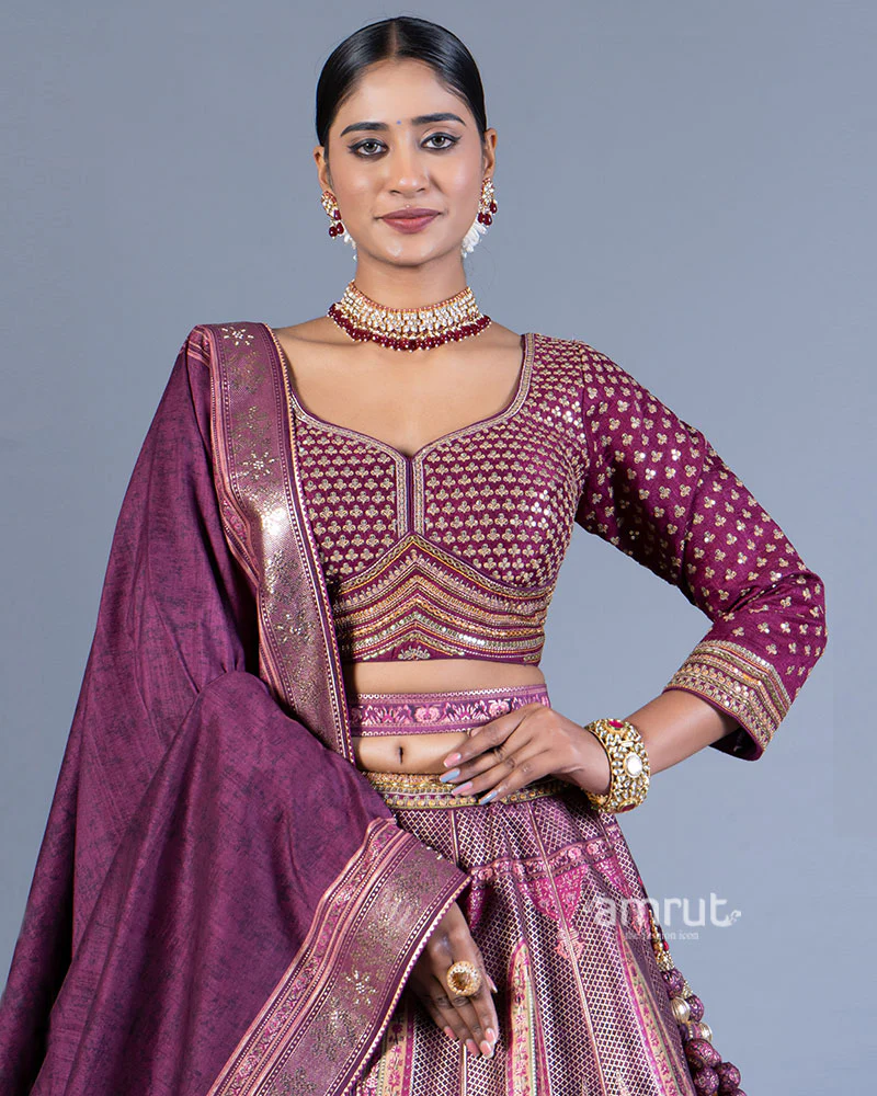 Deep Purple Embroidered Lehenga Choli with Dupatta and Belt - Image 2