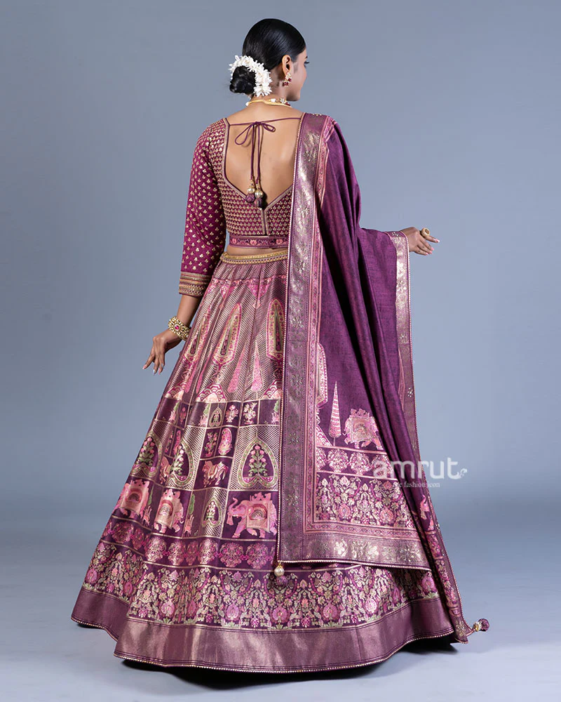Deep Purple Embroidered Lehenga Choli with Dupatta and Belt - Image 3