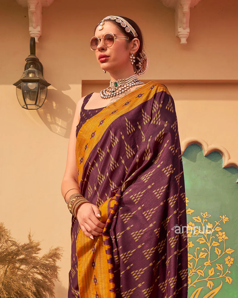Deep Purple Ikat Printed  Saree with Contrast Yellow Border and Unstitched Blouse - Image 2
