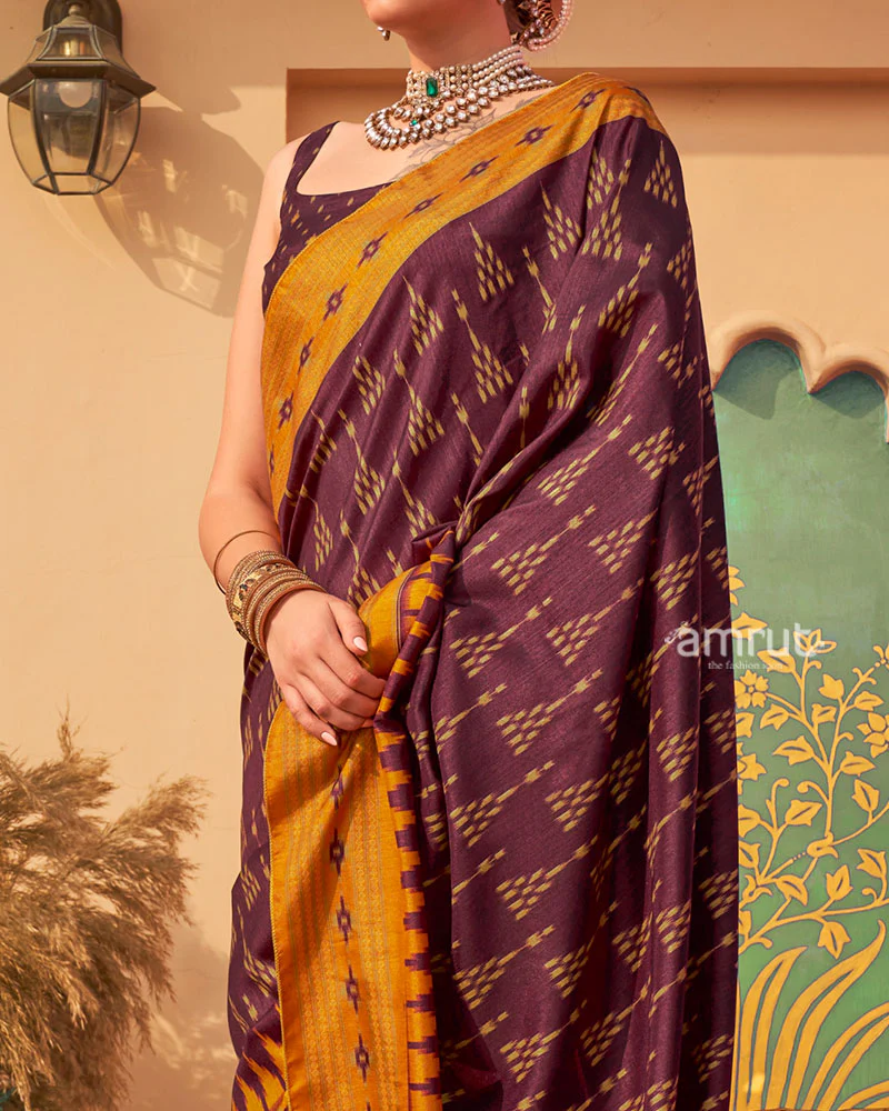 Deep Purple Ikat Printed  Saree with Contrast Yellow Border and Unstitched Blouse - Image 3