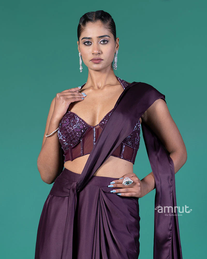 Deep Purple Ready-to-Wear Saree with Embellished Halter-Neck Blouse - Image 2