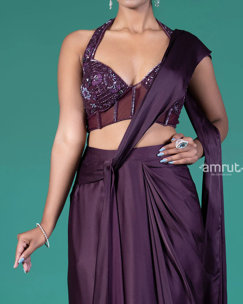 Deep Purple Ready-to-Wear Saree with Embellished Halter-Neck Blouse - Image 3