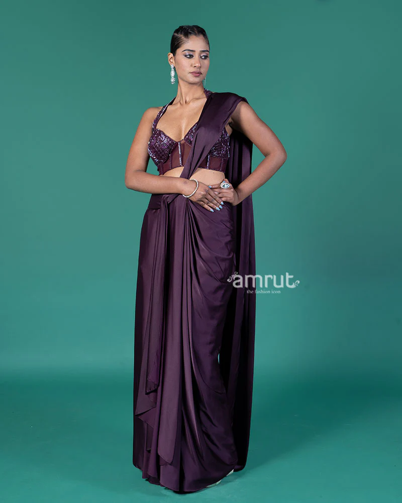 Deep Purple Ready-to-Wear Saree with Embellished Halter-Neck Blouse - Image 4