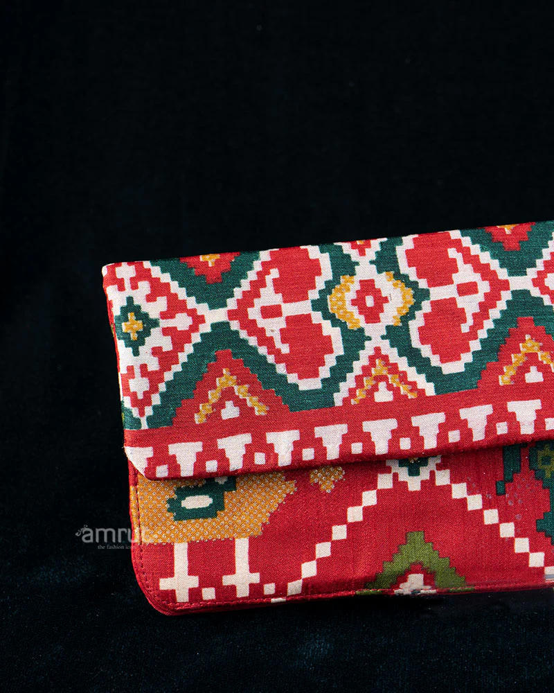 Deep Red Clutch with Cream Printed Patterned - Image 2