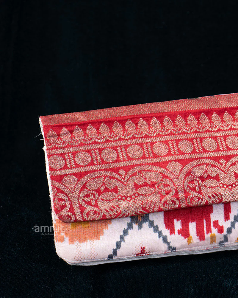 Deep Red Embroidered Clutch with Cream Printed Patterned Base - Image 2