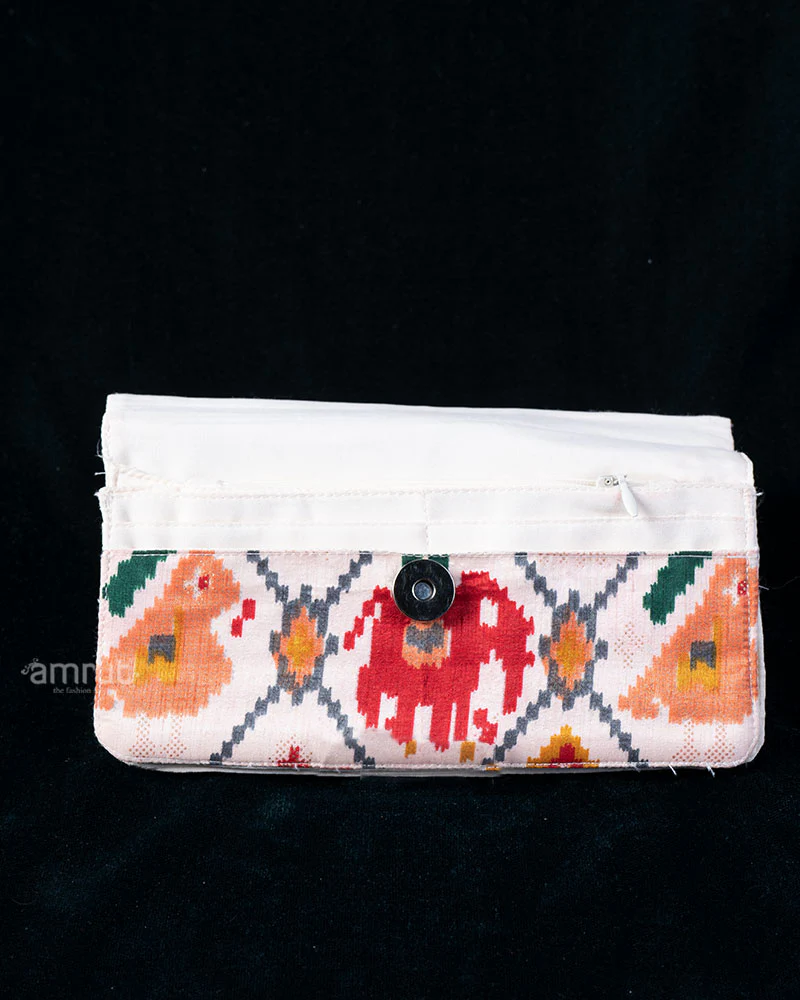 Deep Red Embroidered Clutch with Cream Printed Patterned Base - Image 3
