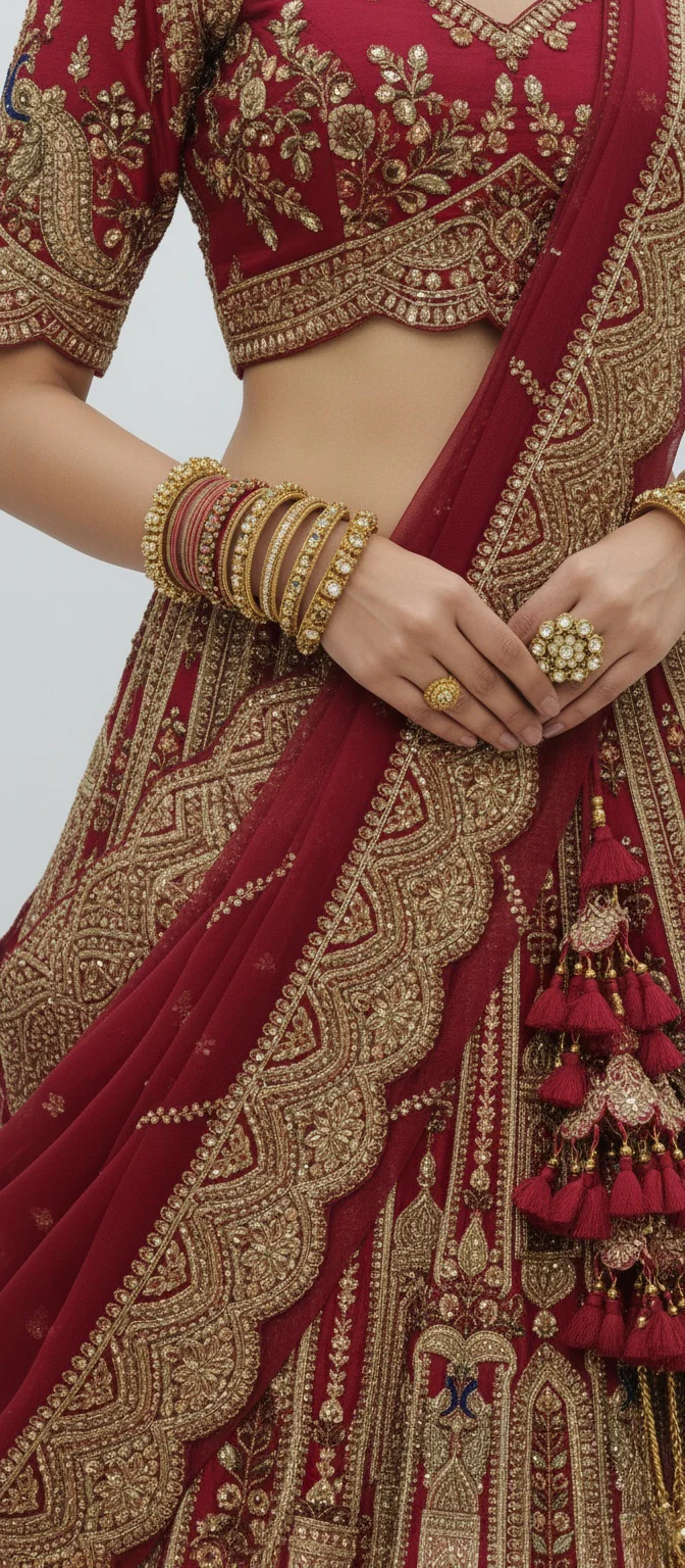 Deep Red Handcrafted Bridal Silk Lehenga with Heavy Zari & Sequins Embroidery - Image 3